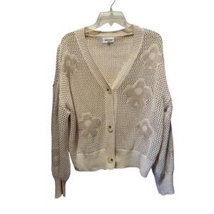 Adora V-neck Button Up Long Sleeve Crochet Cardigan W/Tan Flowers Size L